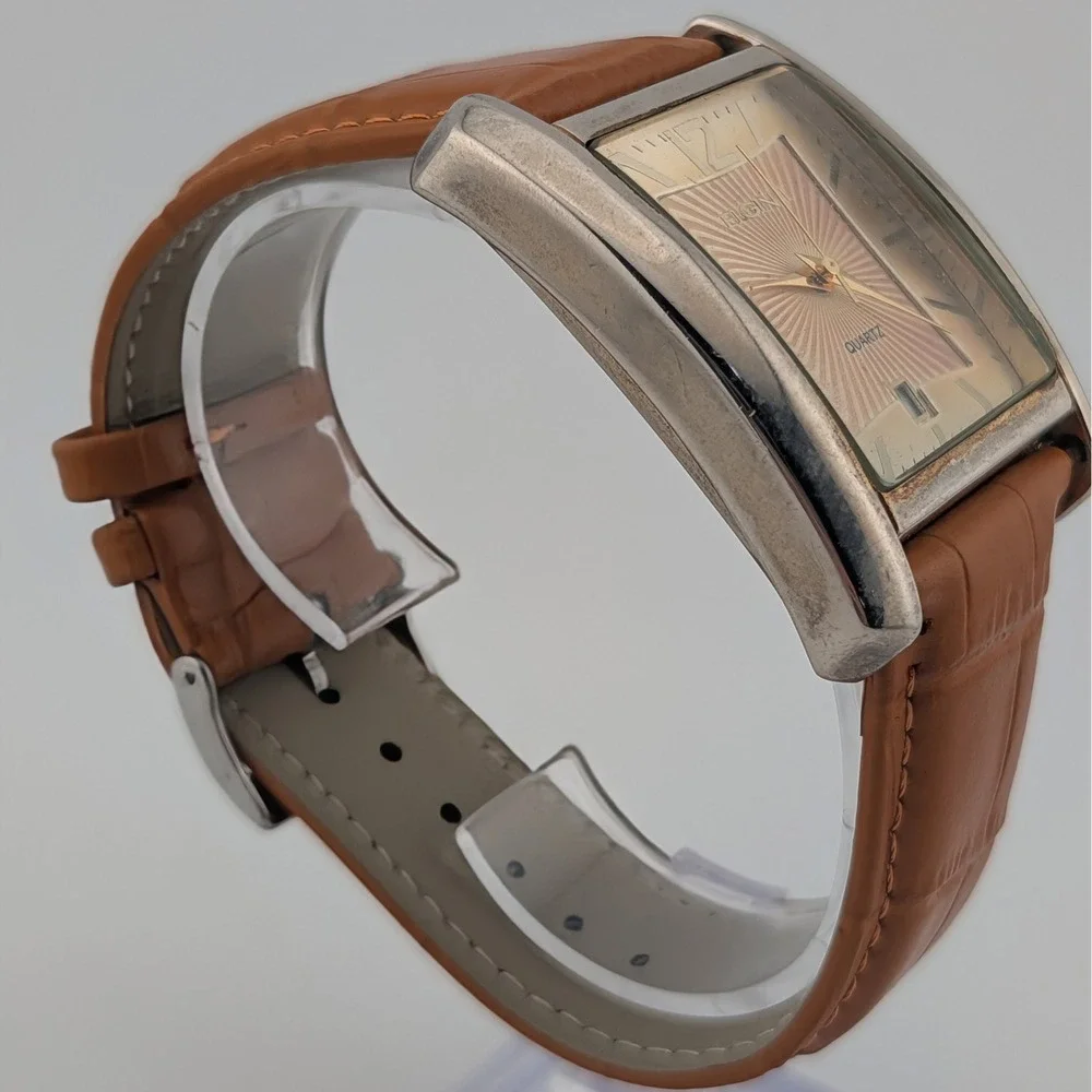 Elgin II EL2C1 Men's Rectangular Quartz Sunburst Dial Date Watch New Strap Y2K